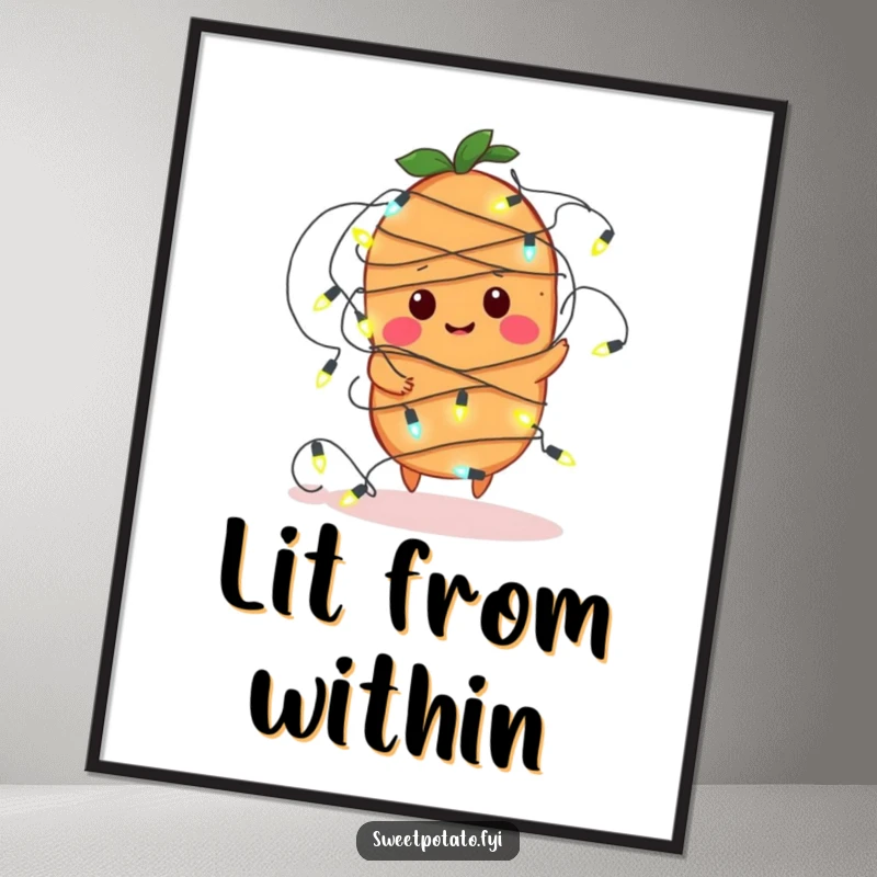 Funny poster depicting a sweet potato character comically tangled in a string of bright fairy lights, creating a humorous holiday atmosphere.