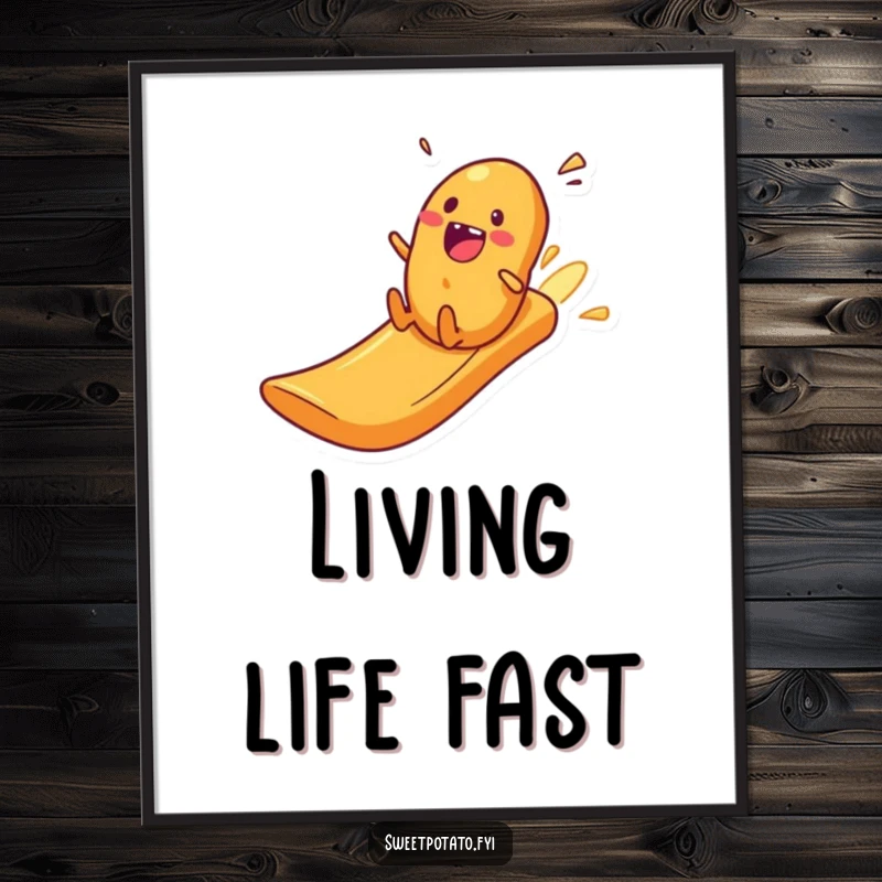 Funny excited sweet potato character zooming down a slide made of potato crisps, humorous wall art.