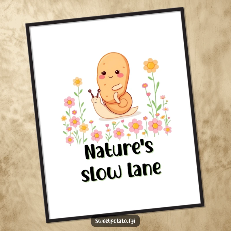 Funny sweet potato character poster, riding a tiny, happy snail through a vibrant flower field, serene and charming wall art.