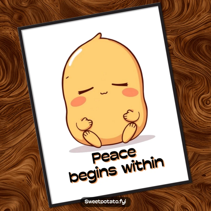 Funny sweet potato poster of a peaceful character meditating with eyes closed, creating a serene and calming visual experience.