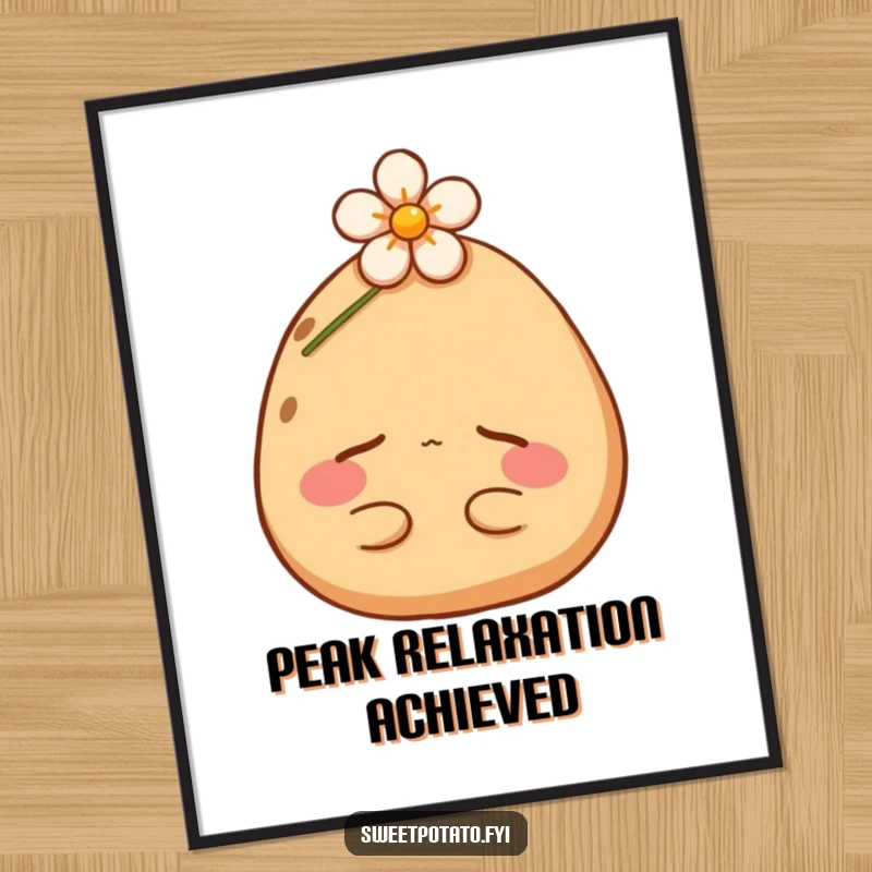 Funny sweet potato poster showcasing a content spud asleep under a flower. High-quality art print for a humorous and calming vibe.