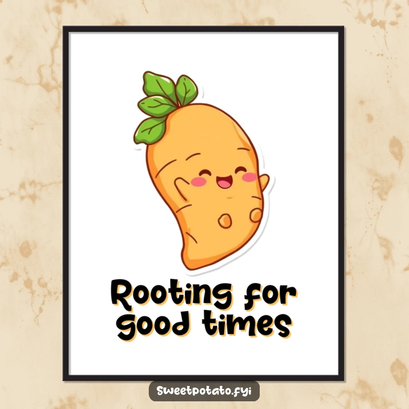 Funny poster of a happy sweet potato character sliding down a root with a wide, infectious smile. Pure veggie joy.