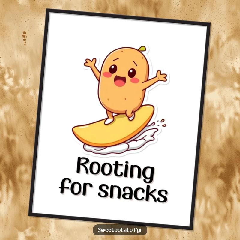 Funny poster: A sweet potato character excitedly rides a giant potato chip, capturing a moment of pure, unadulterated, snacking-fueled excitement.