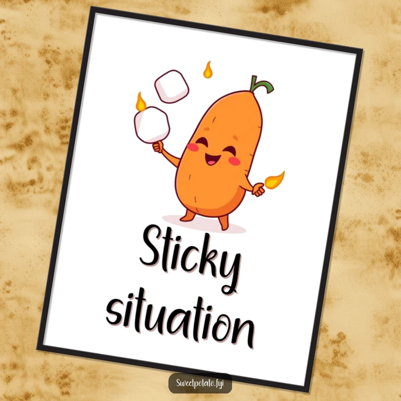 Funny poster featuring a sweet potato character with a sly grin, skillfully juggling three perfectly roasted marshmallows.