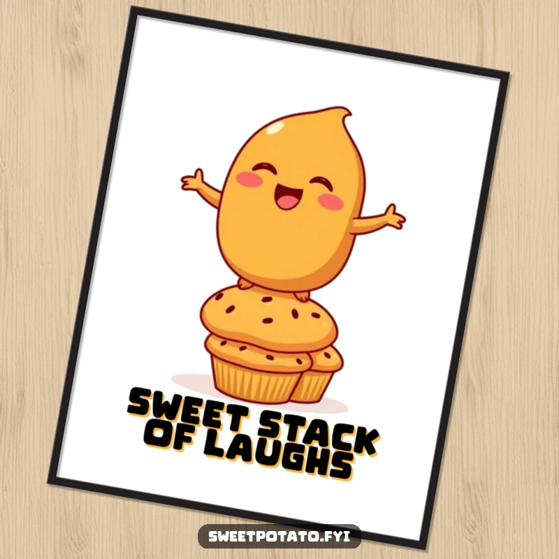 Funny Poster: A laughing sweet potato character comically balancing on a stack of muffins, bringing playful, edible humor to decor.