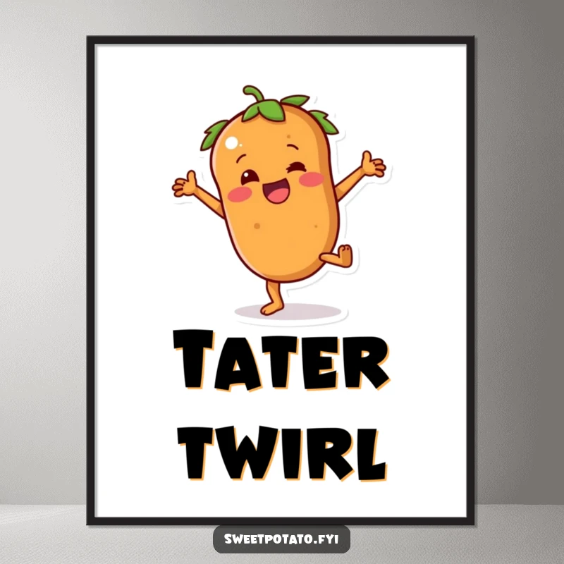Funny sweet potato poster of a character with tiny arms joyfully attempting a cartwheel, adding energetic decor.
