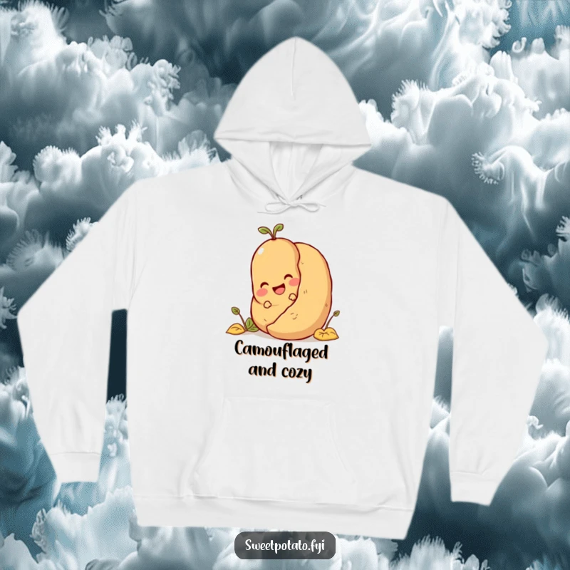 Funny delighted sweet potato playing hide-and-seek behind a potato, wearing a cozy and humorous hoodie.