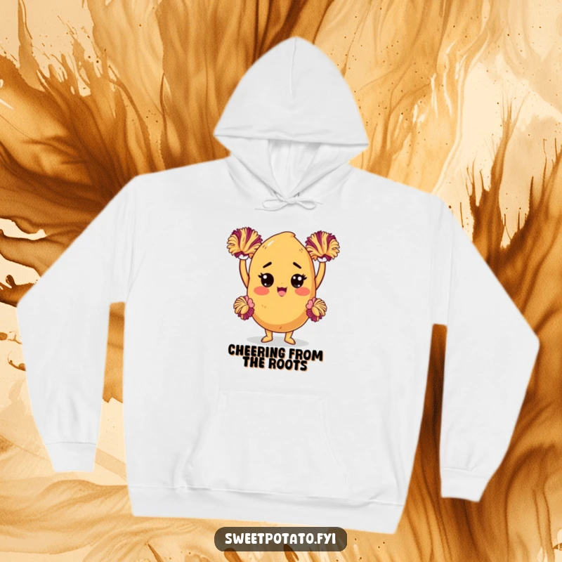 Funny sweet potato hoodie featuring a determined character cheering with pom-poms, offering warmth and motivational, humorous encouragement.