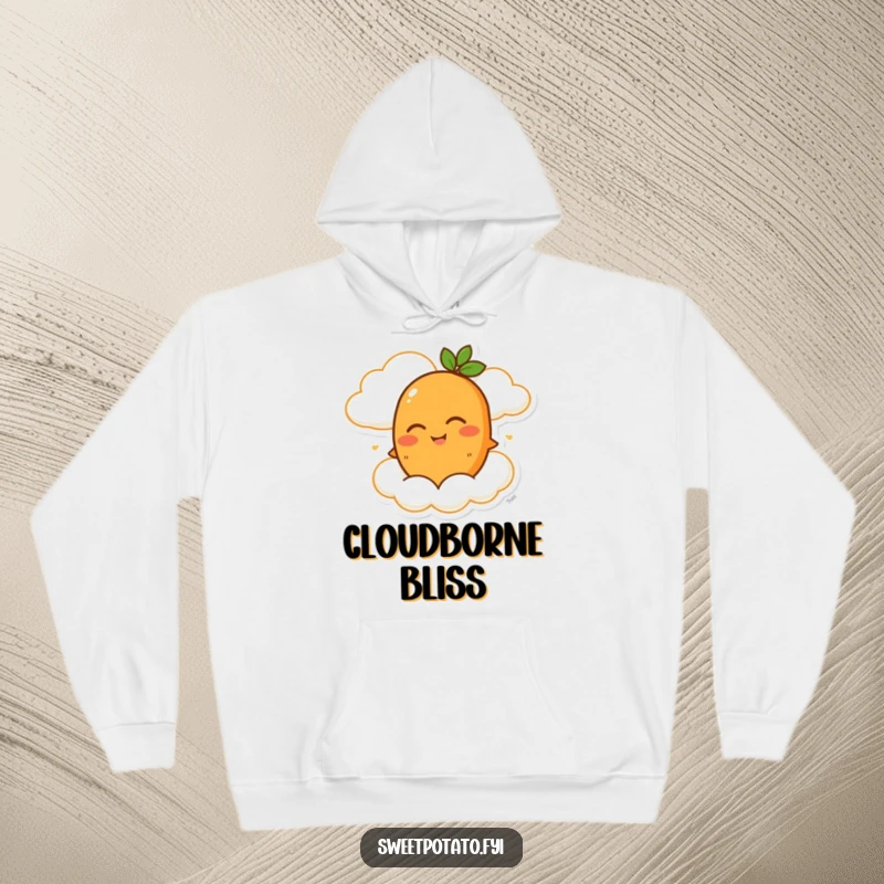 Funny hoodie featuring a winking sweet potato character being carried by a cheerful, smiling cloud, perfect for relaxed days.