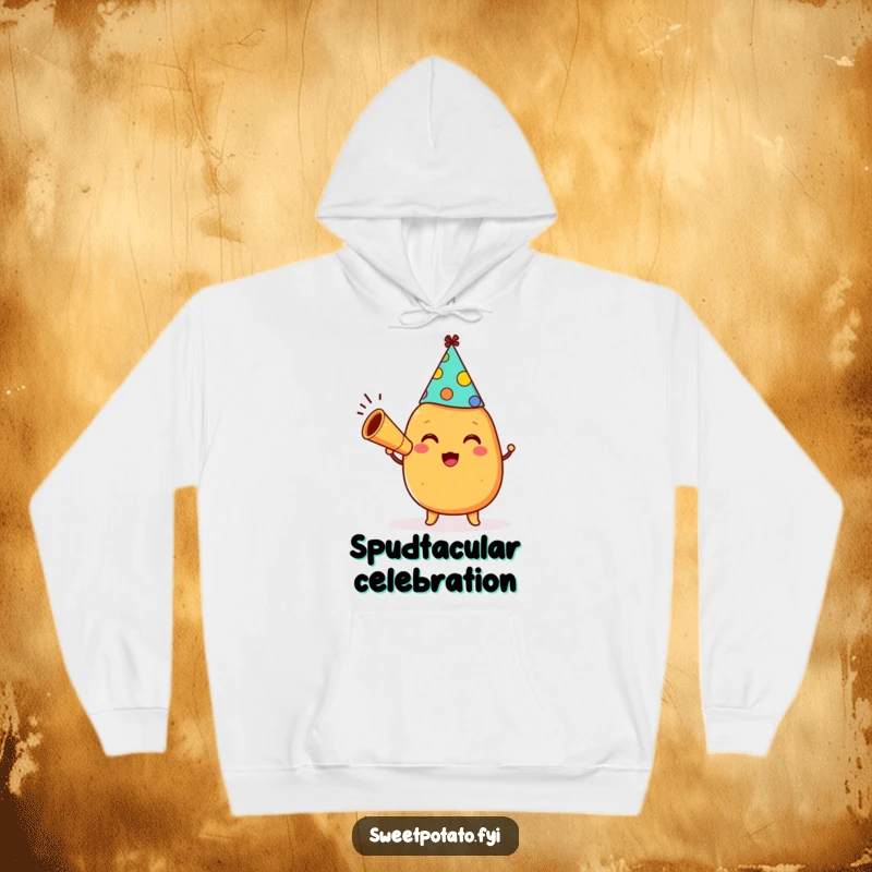 Funny happy sweet potato character wearing a party hat and blowing a horn, depicted on a warm and humorous hoodie.