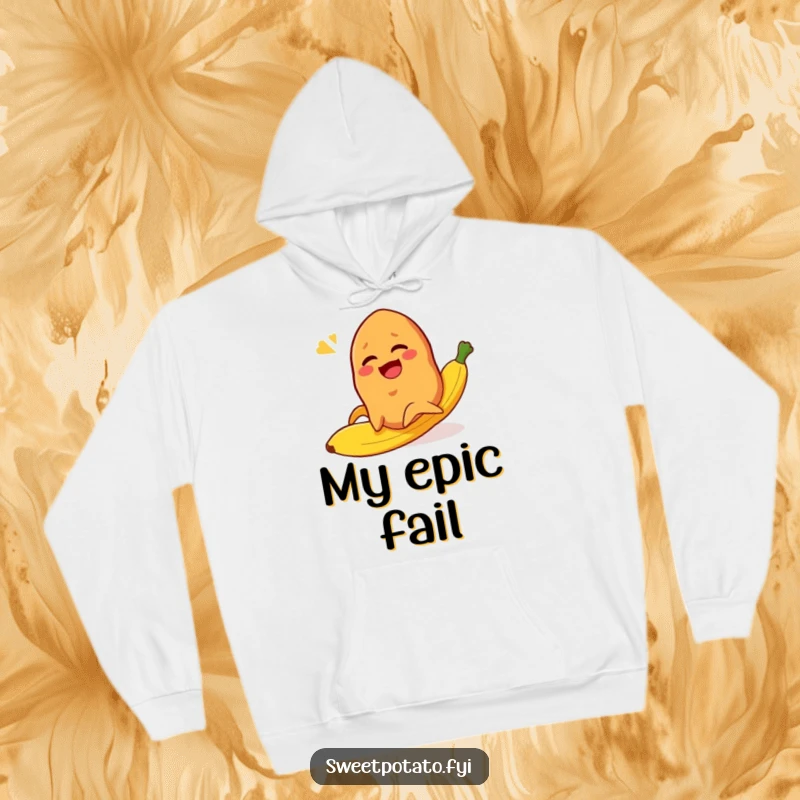 Funny sweet potato character laughing while slipping on a banana peel, a warm and humorous hoodie.