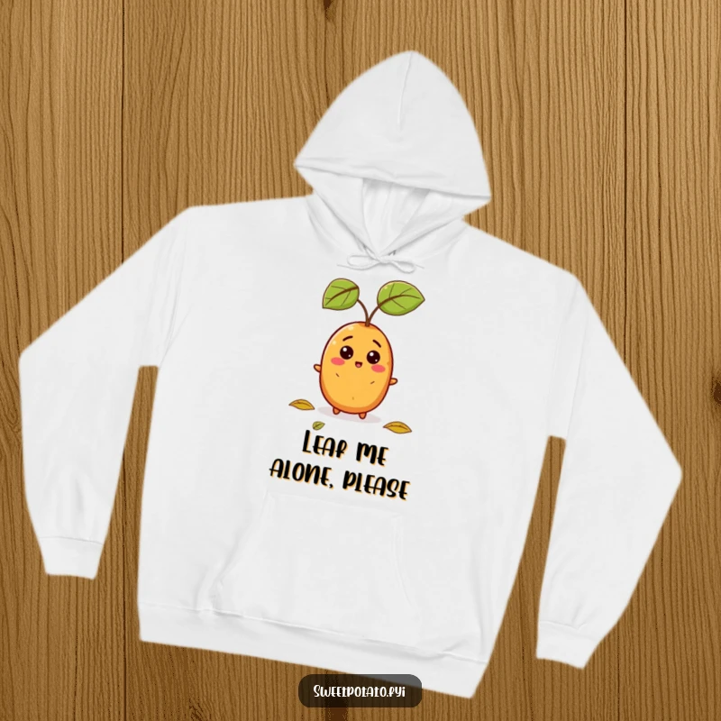 Funny hoodie featuring a sweet potato character with a comically surprised expression due to a falling leaf, great for autumn.