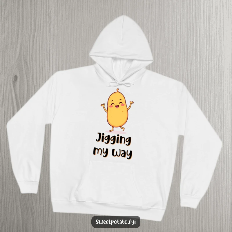 Funny sweet potato hoodie featuring a dancing character doing a joyful jig, offering warmth and a dose of infectious, happy humor.
