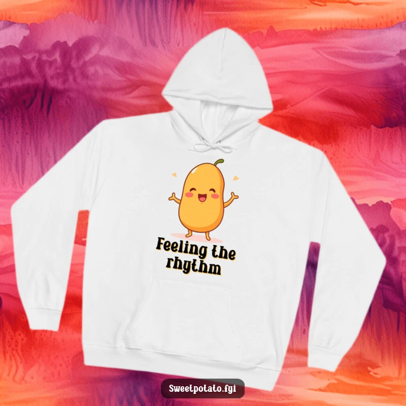 Funny hoodie featuring a sweet potato character in a happy dance, offering cozy comfort and infectious, joyful energy.