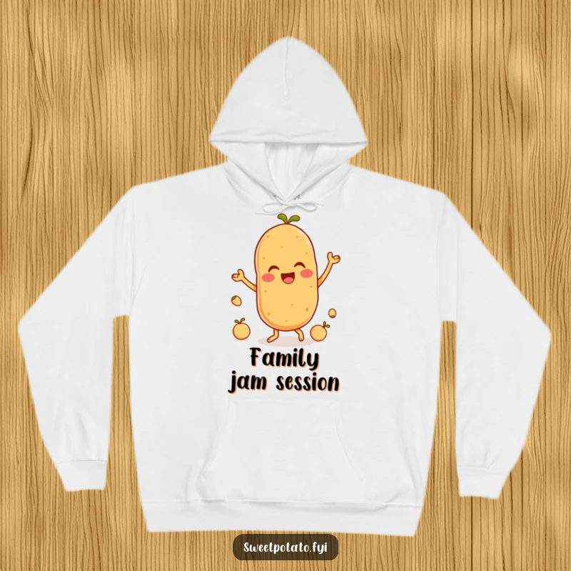 Funny hoodie depicting a delighted sweet potato character joyfully dancing with a group of small spuds, full of life.