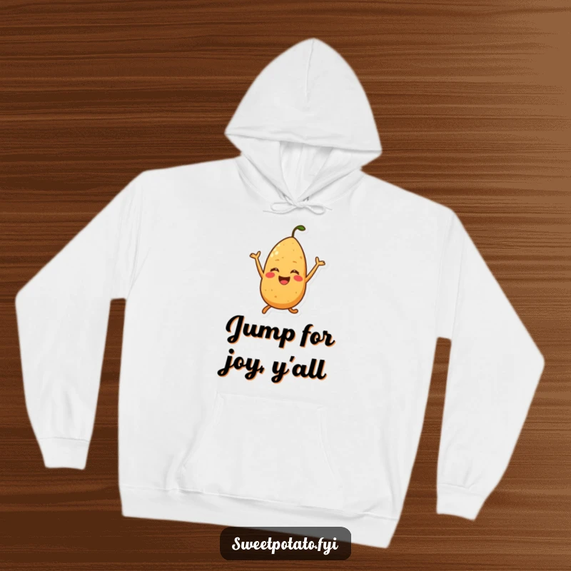 Funny hoodie featuring a sweet potato character performing a joyful jump, great for spreading happiness.