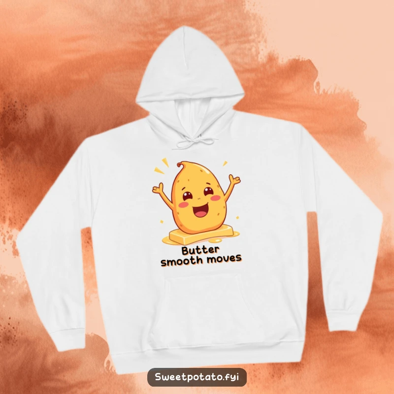 Funny hoodie illustrating an excited sweet potato character having a joyous albeit slippery time sliding on butter, perfect for lounging.
