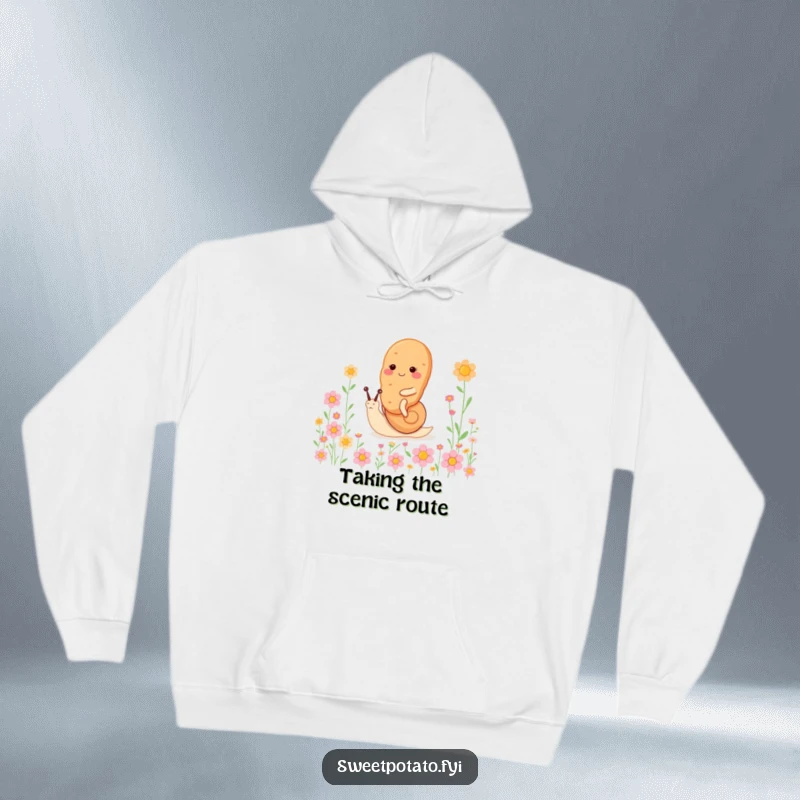 Funny sweet potato character hoodie, riding a tiny, happy snail through a field of flowers, offering warmth and peaceful charm.