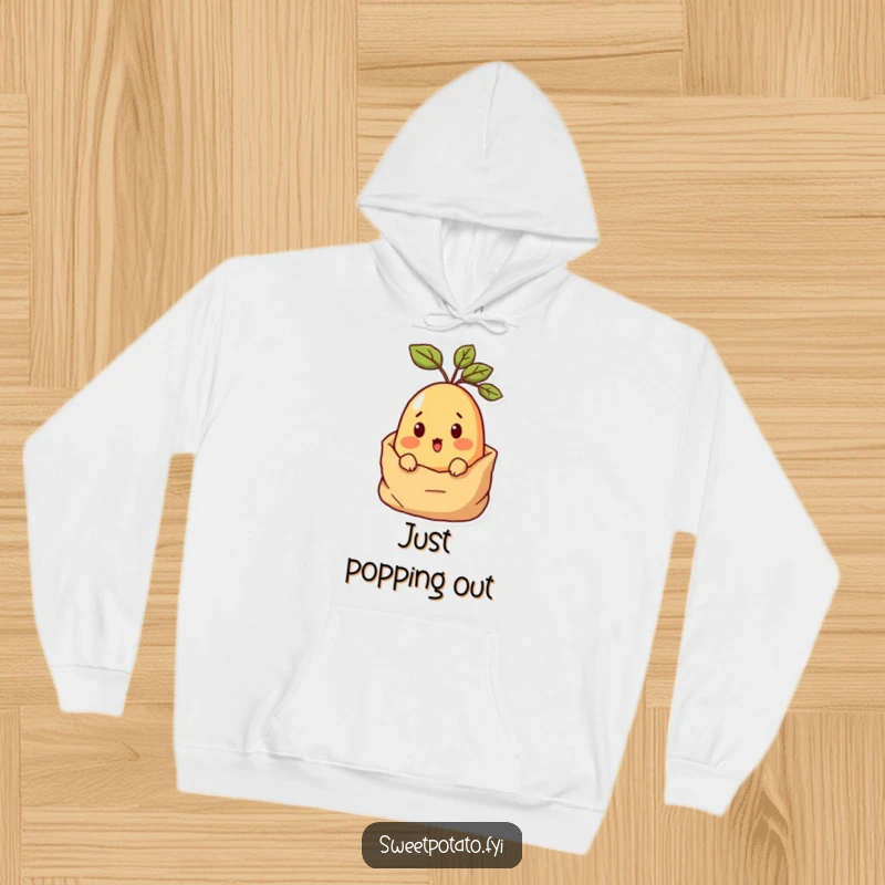 Funny Surprised Sweet Potato Hoodie with a sweet potato character peeking with great surprise from a potato sack.