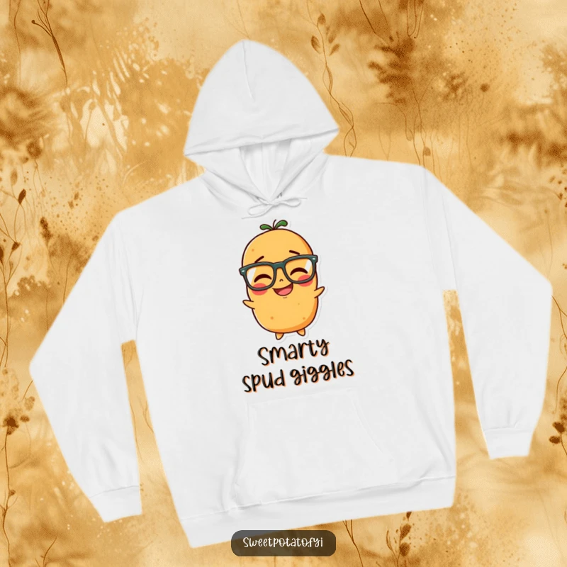 Funny hoodie featuring a sweet potato character wearing glasses and giggling with a sense of clever amusement.