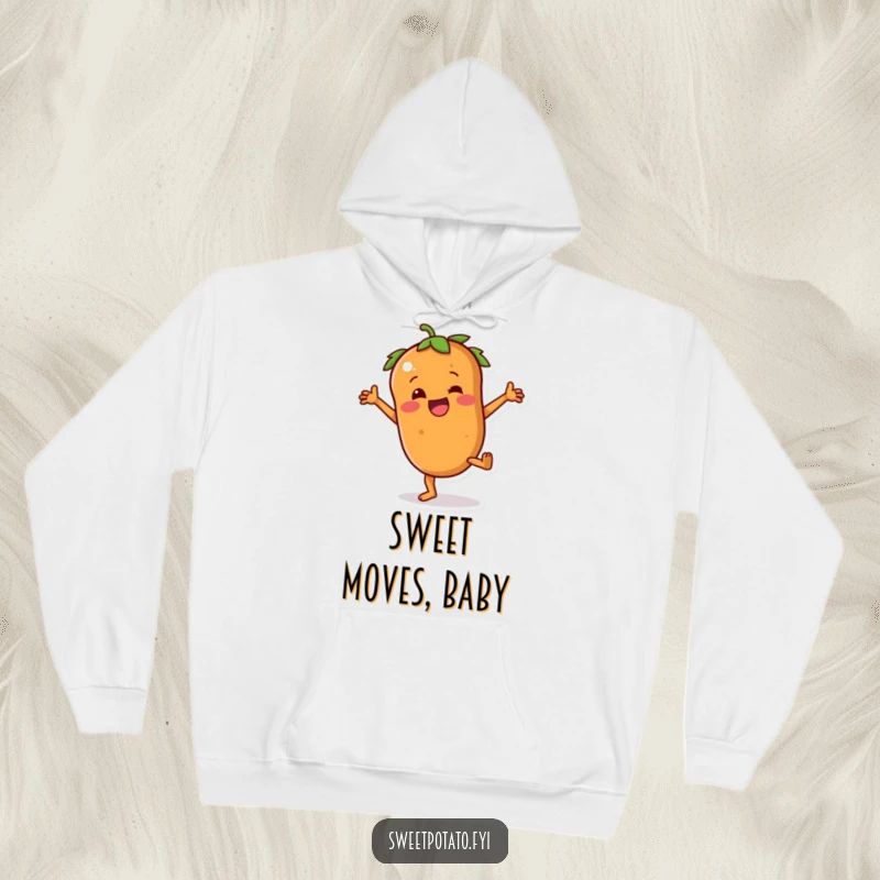 Funny sweet potato hoodie featuring a character with tiny arms joyfully attempting a cartwheel, perfect for cozy laughs.