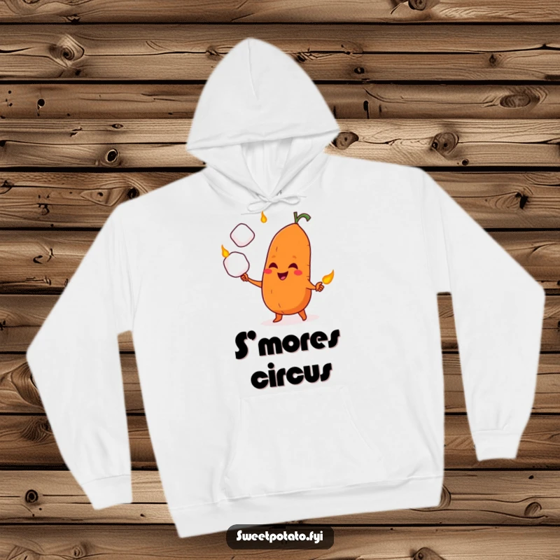 Funny hoodie showcasing a sweet potato character expertly juggling delicious roasted marshmallows with a mischievous smile.