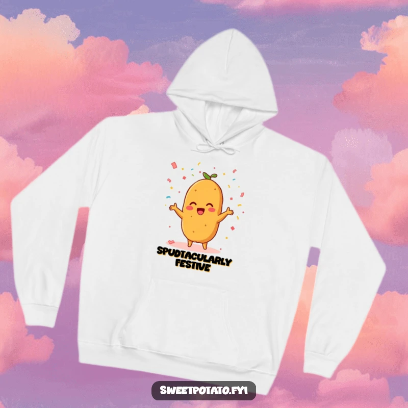Funny hoodie depicting a beaming sweet potato character tossing a burst of colorful confetti, spreading festive vibes.