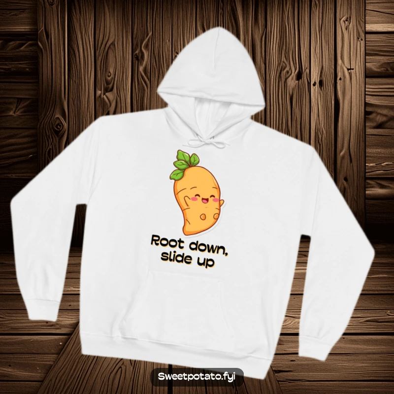 Funny hoodie depicting a smiling sweet potato character gleefully sliding down a root, embodying pure, unadulterated fun.