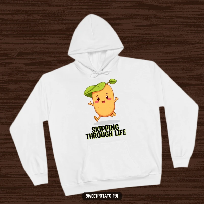 Funny hoodie depicting a sweet potato character sporting a leaf hat while skipping with cheerful abandon.