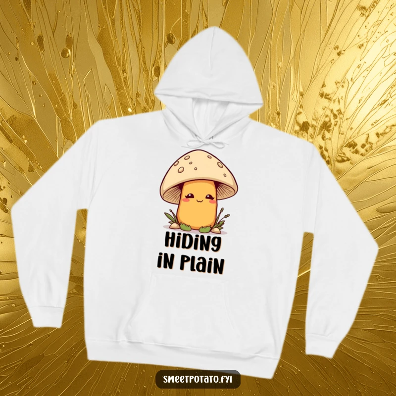 Funny smirking sweet potato character playfully peeking out from behind a large mushroom, featured on a cozy and humorous hoodie.