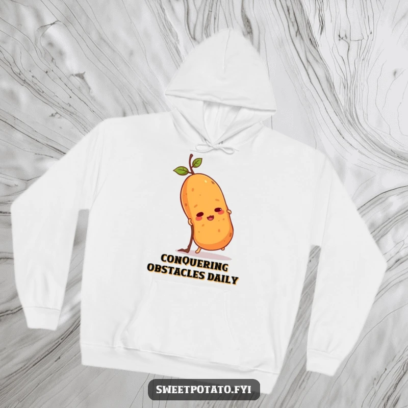 Funny sweet potato hoodie print of a determined spud scaling a small twig. Warm, motivational, and humorously inspiring apparel.