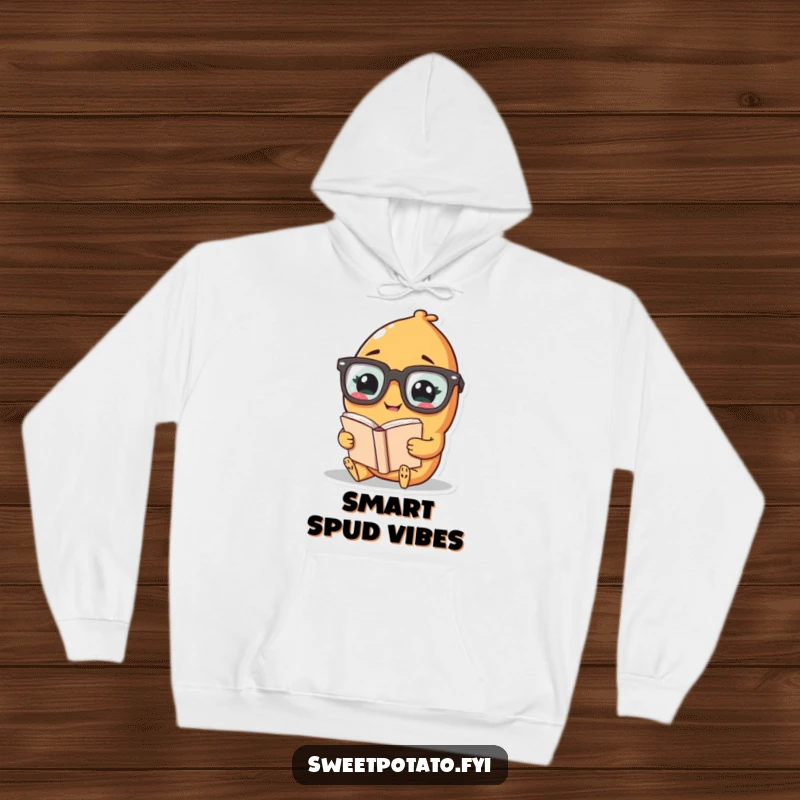 Funny hoodie featuring a giggling sweet potato wearing large glasses, deeply absorbed in reading a book.
