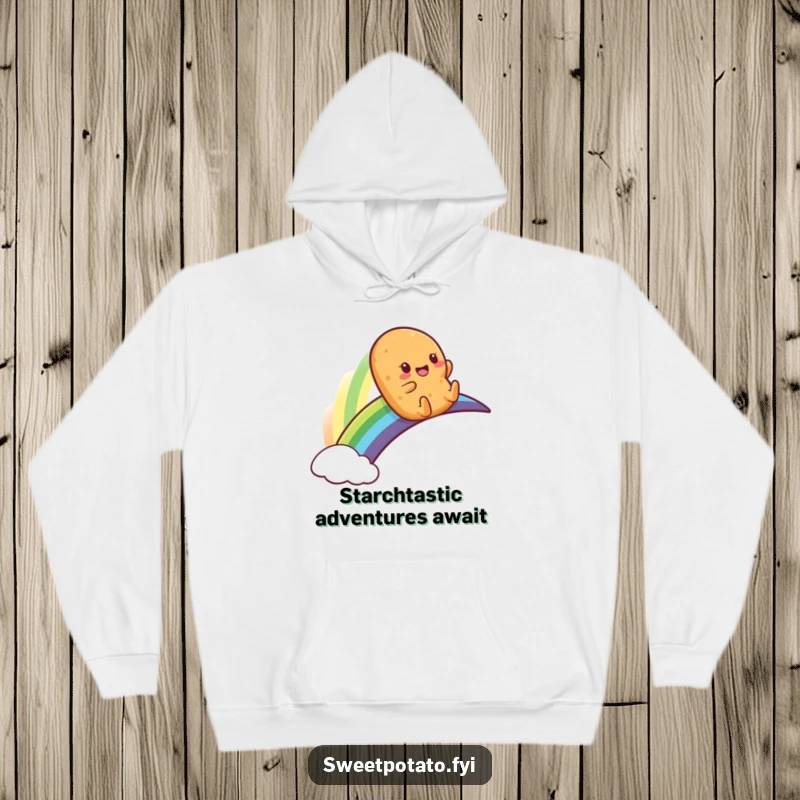 Funny hoodie with a cheerful sweet potato character sliding down a bright rainbow, perfect for cozy, humorous vibes.