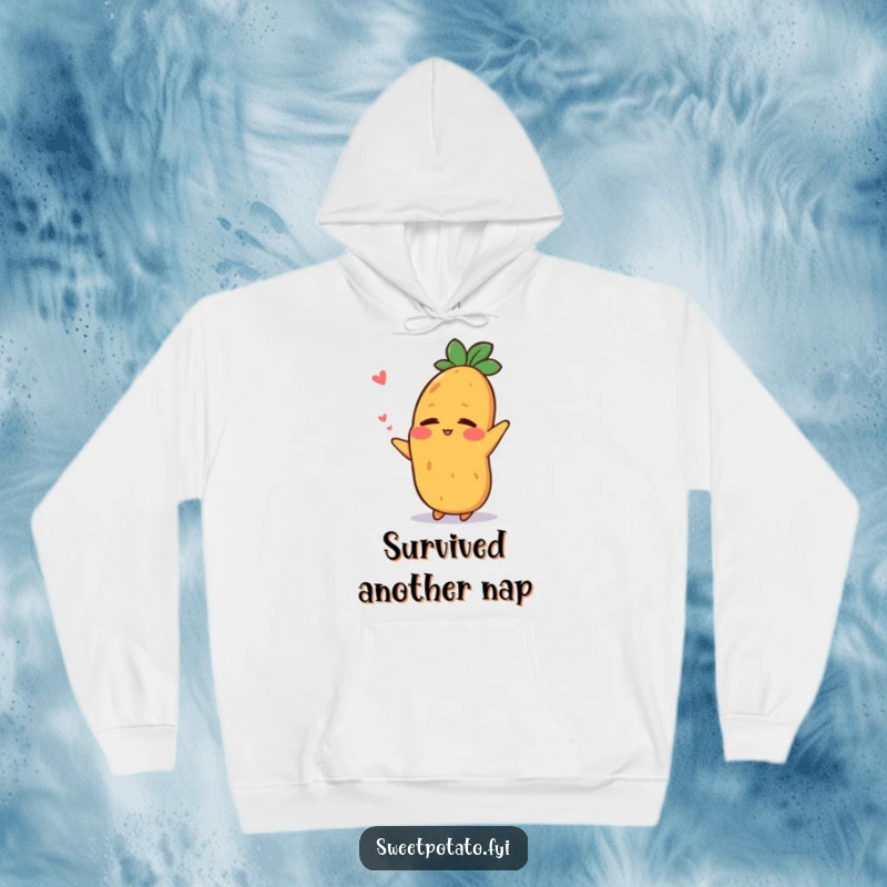 Funny hoodie featuring a sweet potato character stretching with a relieved smile after a nap, perfect for loungewear.
