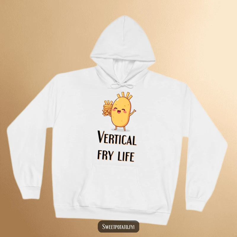 Funny hoodie: A sweet potato character chuckles joyfully while balancing a precarious tower of delicious french fries, looking delighted.