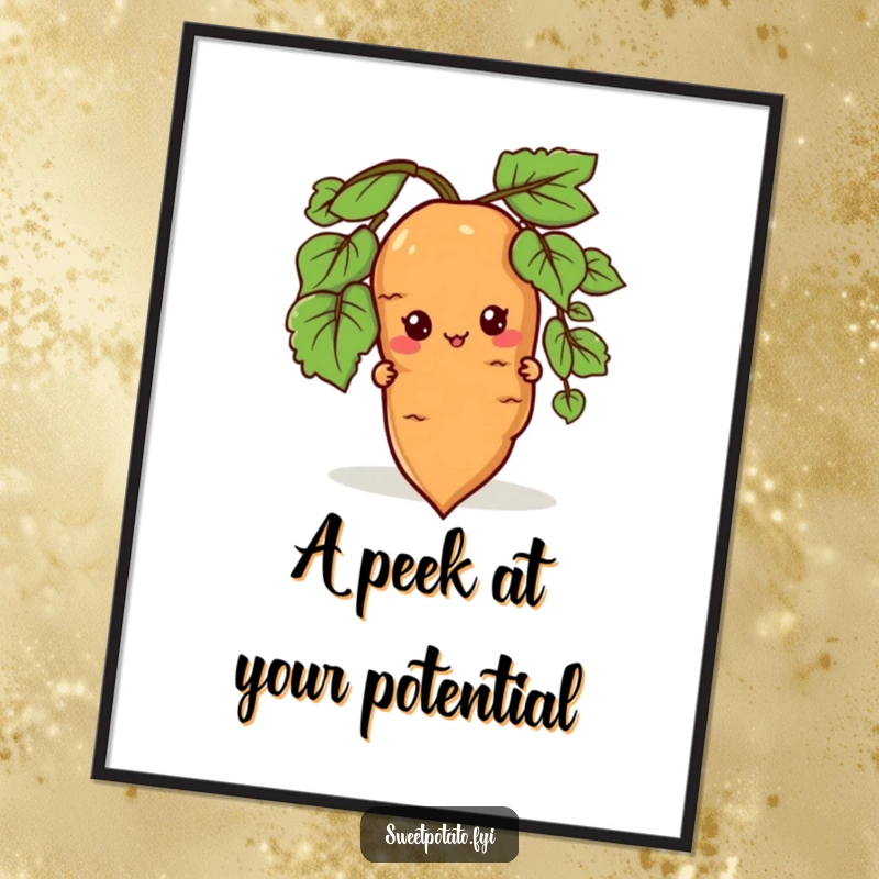 Funny Free Printable Wall Art: A sweet potato character peeks from behind a root, creating a sense of playful mystery and charm.