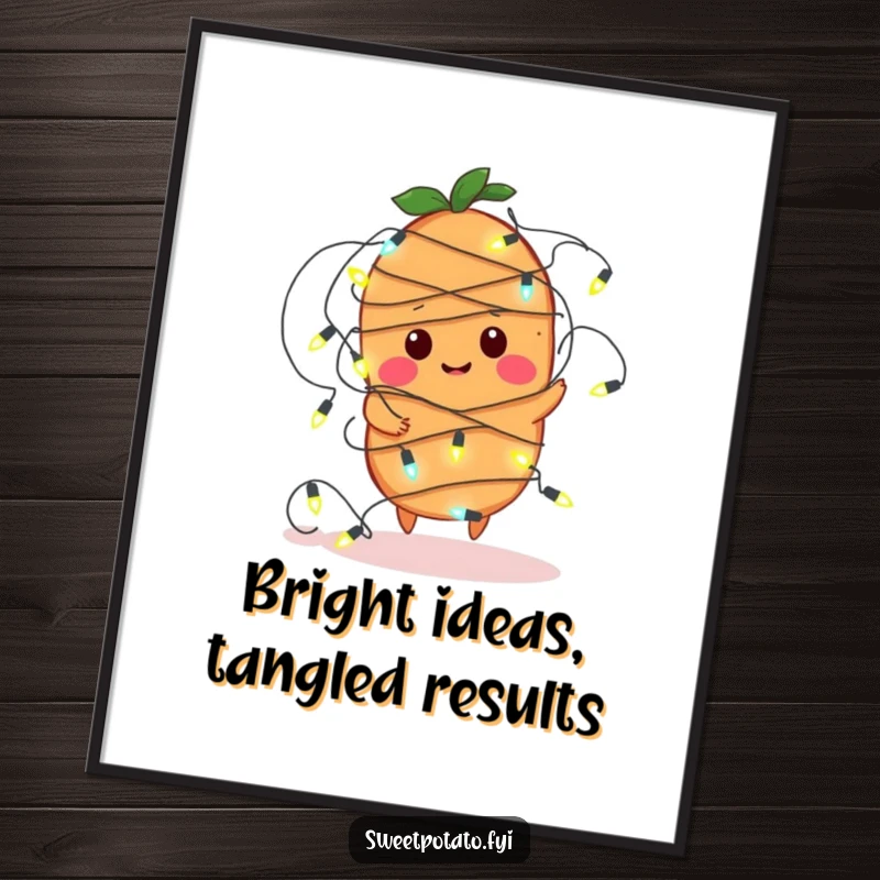 Funny Free Printable Wall Art: A sweet potato is comically tangled in a string of colorful fairy lights, looking surprised and festive.