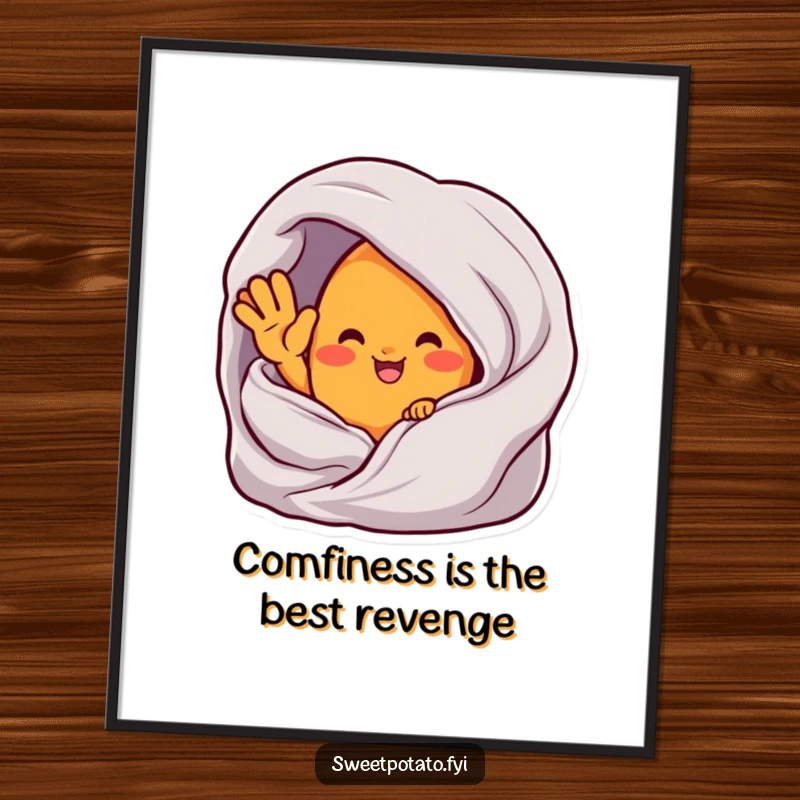 Funny free printable wall art of a sweet potato character peeking out from a plush blanket, giving a happy, welcoming wave.