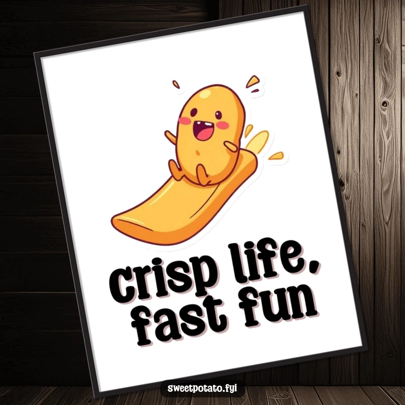 Funny Free Printable Wall Art: An excited sweet potato character in mid-slide, zooming down a slippery, fun potato crisp slide.