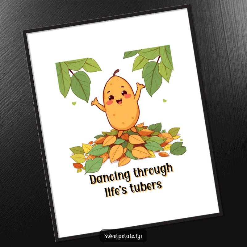 Funny Free Printable Wall Art: A cheerful sweet potato character dances with joy on a pile of autumn leaves.