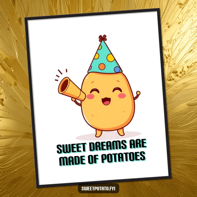 Funny Free Printable Wall Art: A sweet potato wearing a party hat blows a loud horn, full of festive spirit.