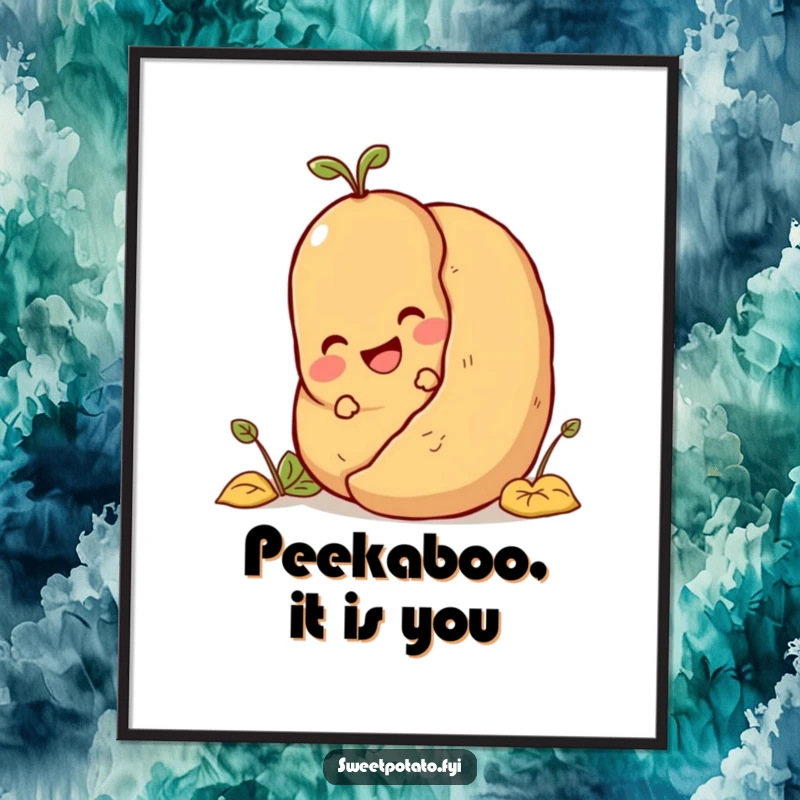 Funny Free Printable Wall Art: A delighted sweet potato character playfully hiding behind a significantly large potato, eyes peeking out.