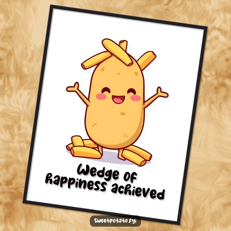 Funny Free Printable Wall Art: A grinning sweet potato character balancing a tall, impressive stack of fried potato wedges.