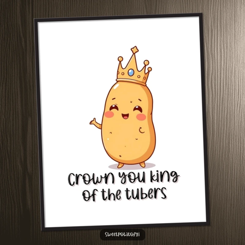 Funny Free Printable Wall Art: A sweet potato artistically posing while wearing a tiny crown, exuding a sense of playful royalty and charm.