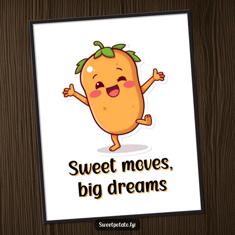 Funny Free Printable Sweet Potato Wall Art: a sweet potato character joyfully performing a cartwheel, bringing energy and humor.