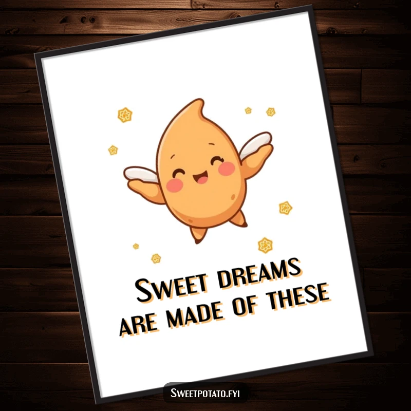 Funny Free Printable Wall Art: A sweet potato character with tiny wings flying joyfully through a cloud of cinnamon sugar.