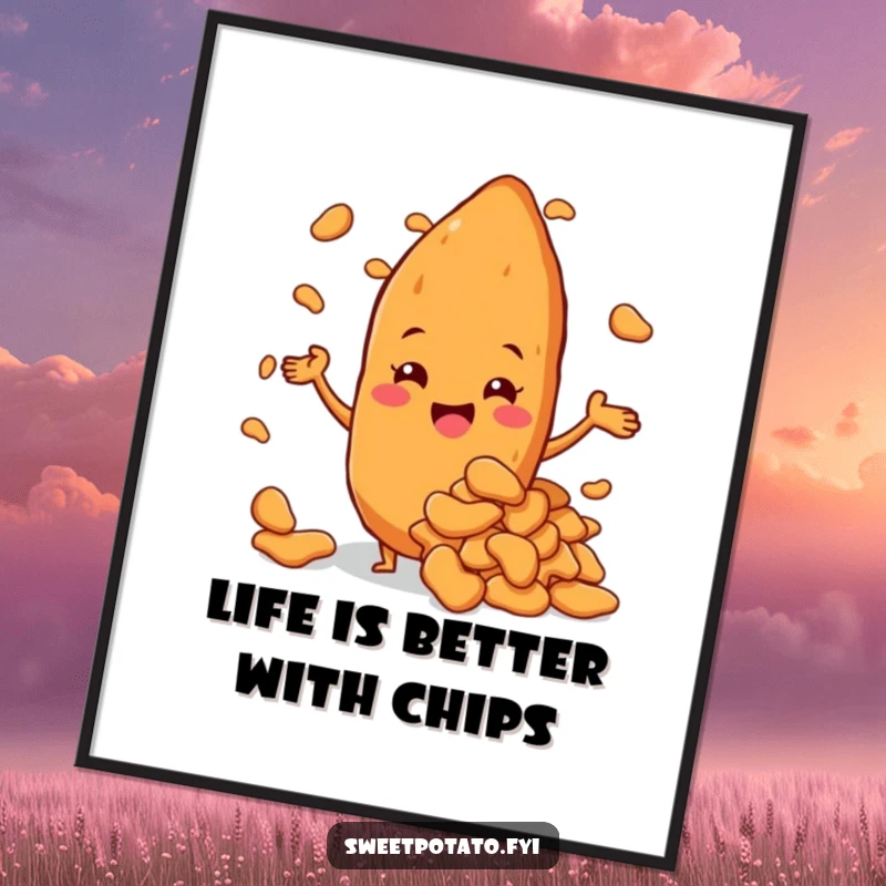 Funny Free Printable Wall Art: Sweet potato character beaming with pride, holding up a giant pile of sweet potato chips.