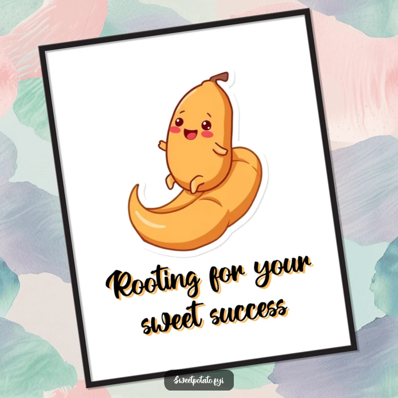 Funny Free Printable Wall Art: Cheerful Sweet Potato Happily Rolling Uphill on a Giant Caramel Swirl