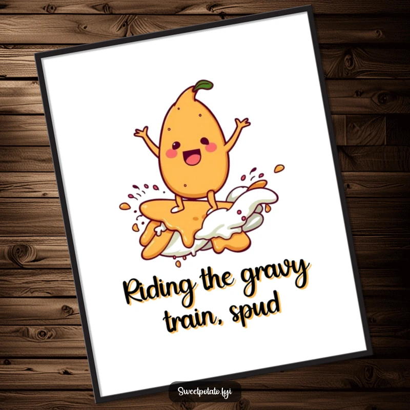 Funny Free Printable Wall Art: Shows a delighted sweet potato character expertly surfing a large, delicious wave of brown gravy.