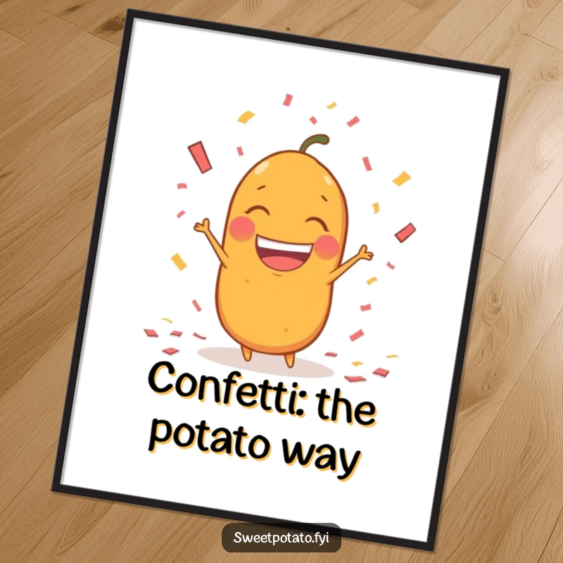 Funny Free Printable Wall Art: A sweet potato character joyfully throwing a cascade of confetti with a wide, ecstatic grin.